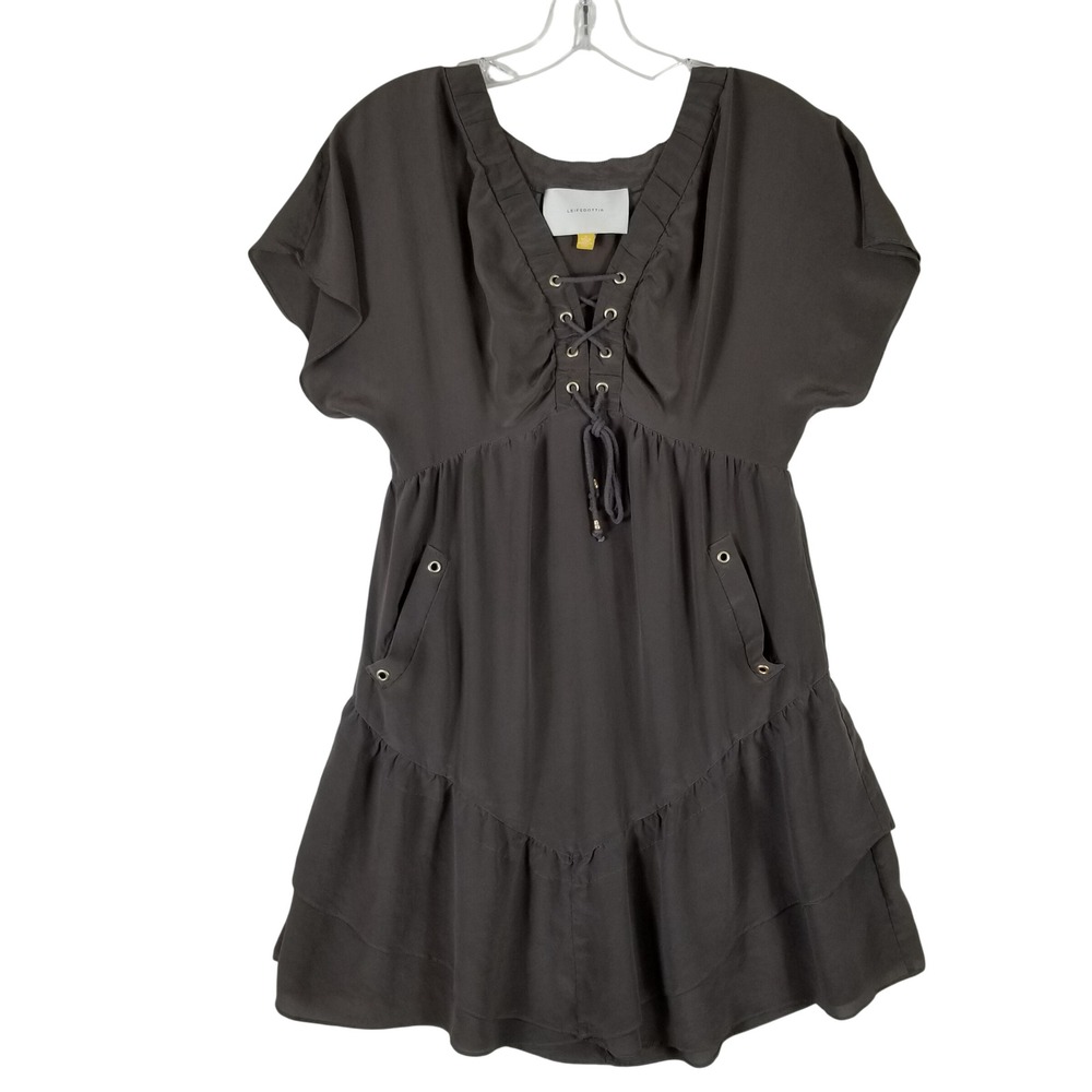 Anthropologie‎ Leifsdottir Silk Mini Dress Womens 4 Grey Lace Up Tiered Ruffle